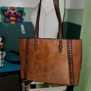 Tony Lama Western Womens Bag Tote Calf Hair Studded Fringe (Brown)